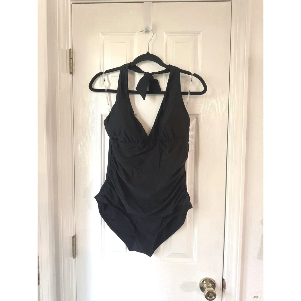 DKNY Womens Black Halter One Piece Swimsuit Ruched V-Neck Swimwear XL NEW - Picture 1 of 5